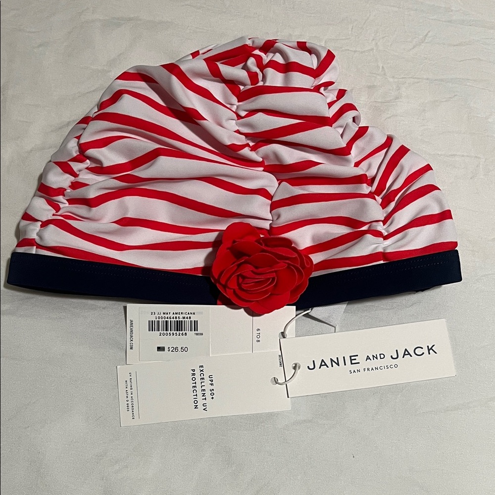 Janie and Jack Red‎ and White Recycled Striped Kids Swim Hat Size 6-8 NEW